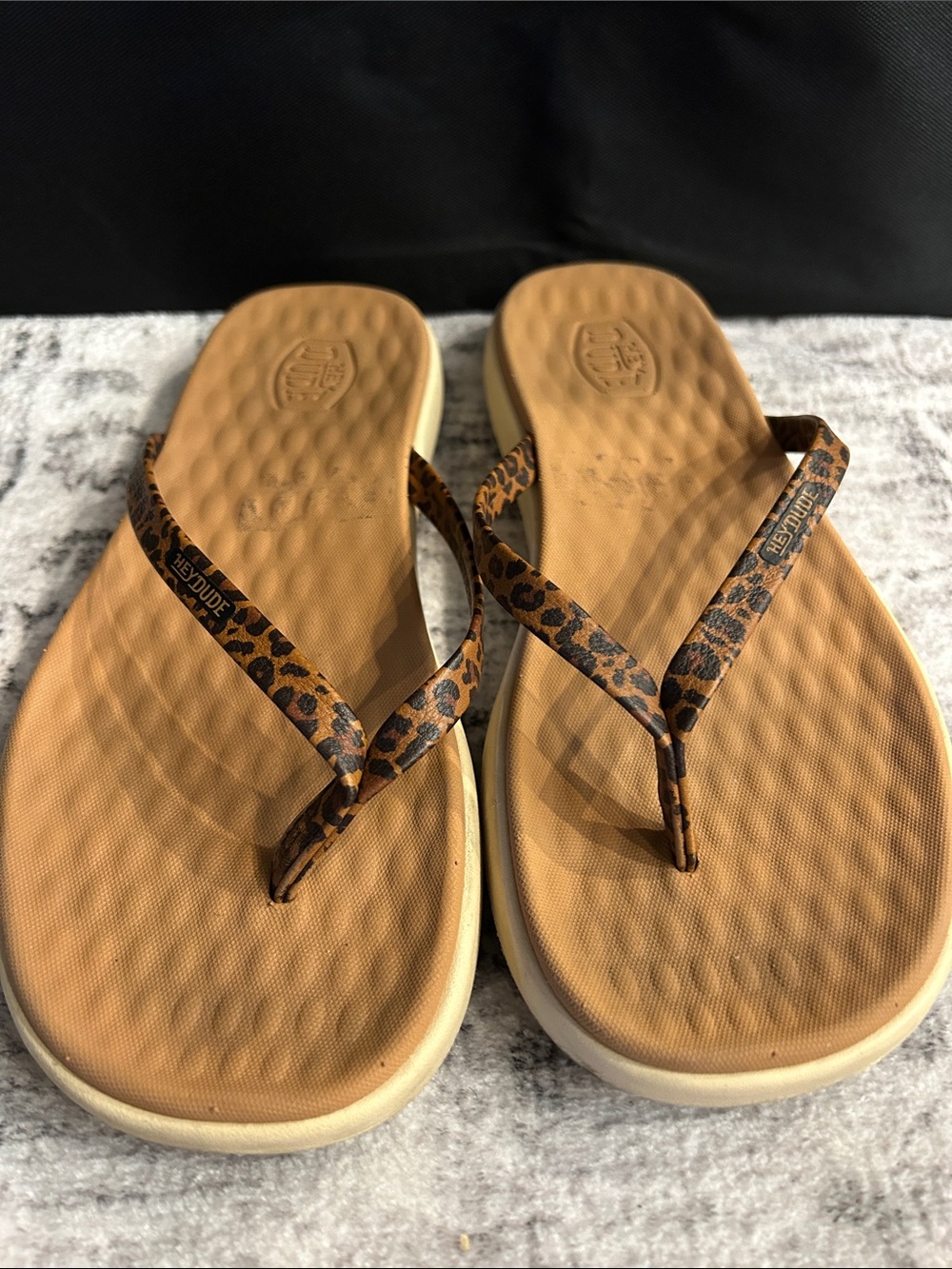 Hey Dude Women’s Leopard Print Tan Flip Flop Sandals